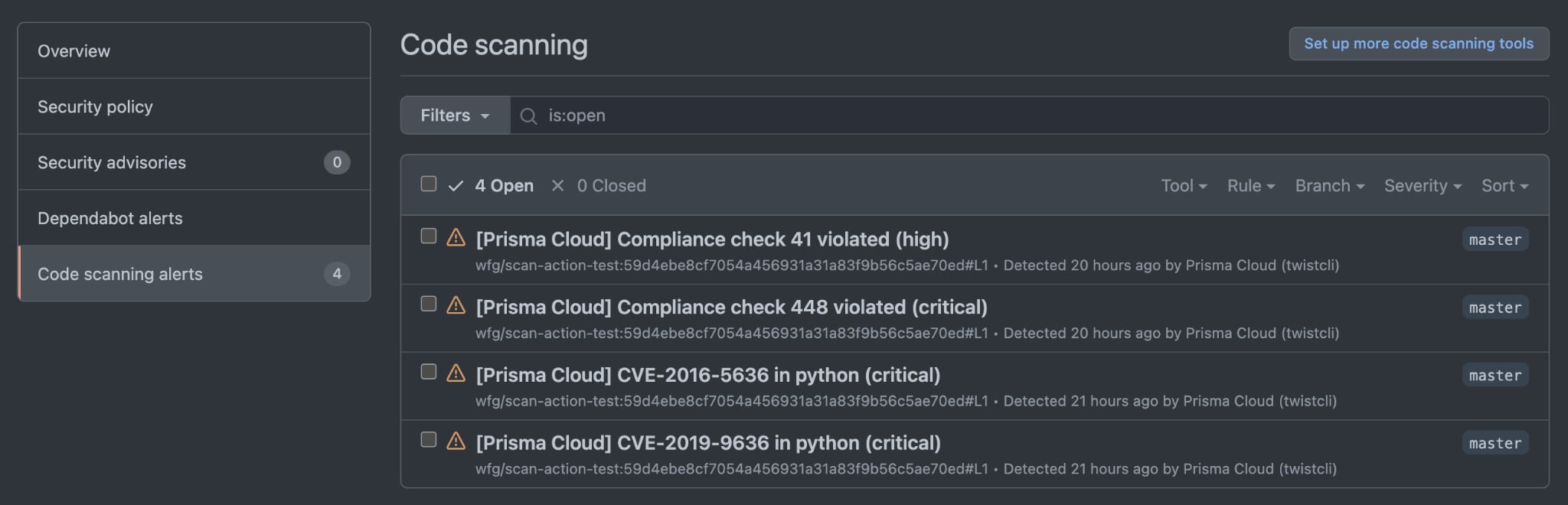 Example Code scanning alert output