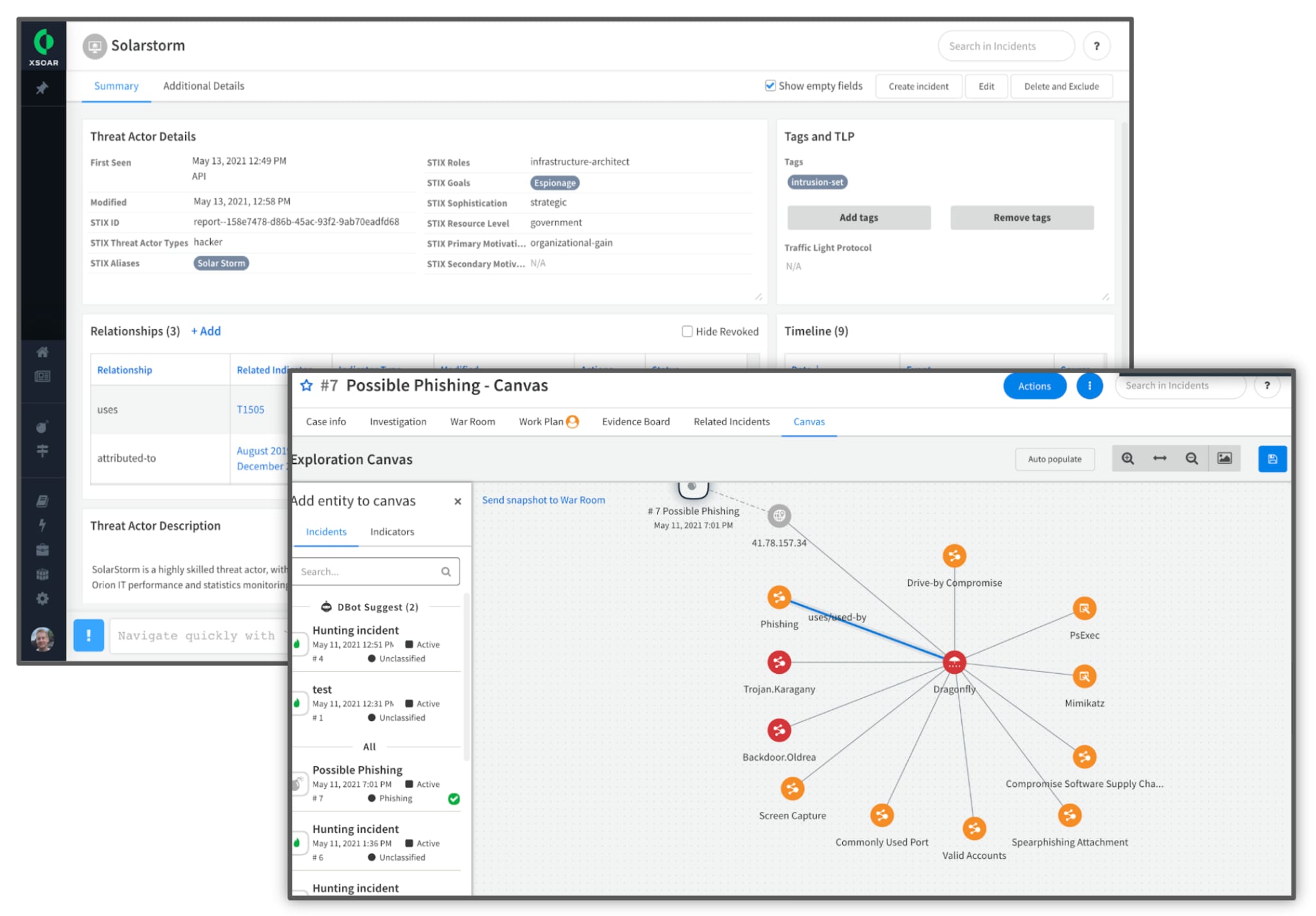 Snapshots of the indicator details and Canvas sections in Cortex XSOAR. This is a representation, not an image related to an actual attack.