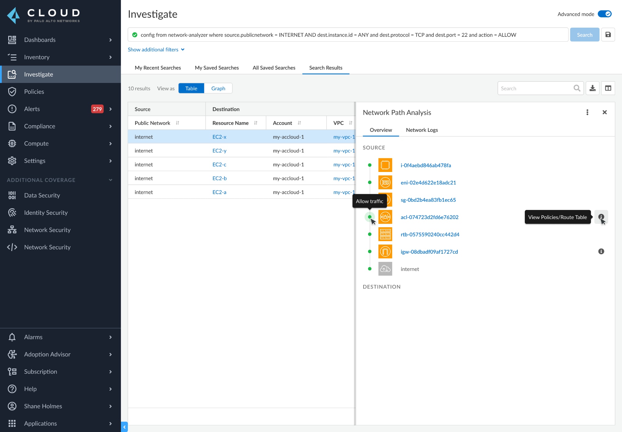 Screenshot of Prisma Cloud investigating and showing a network path analysis.