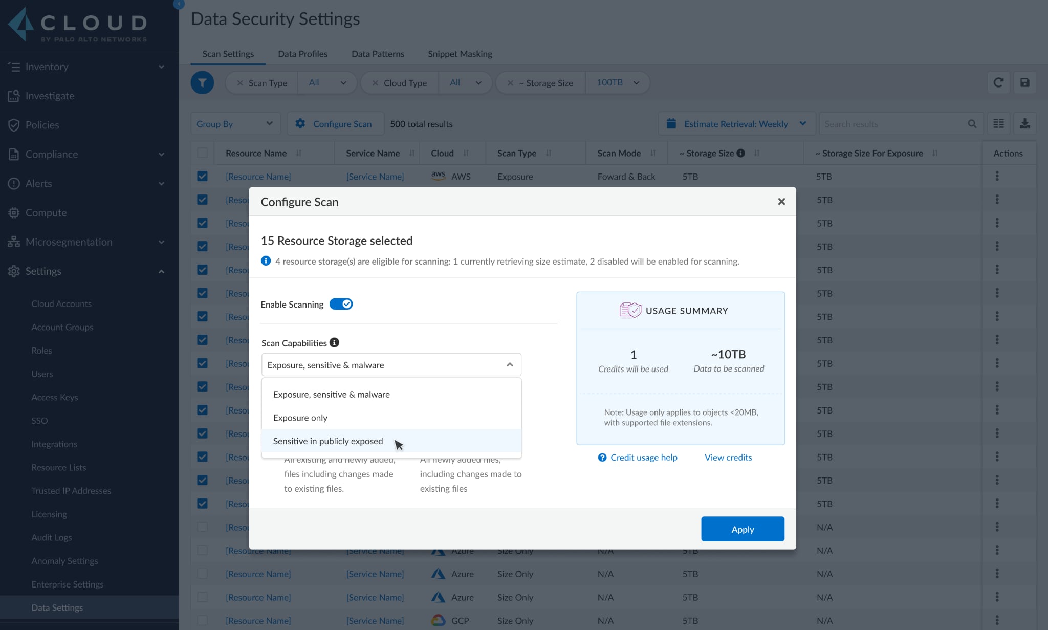 Screenshot example of a configured security scan.