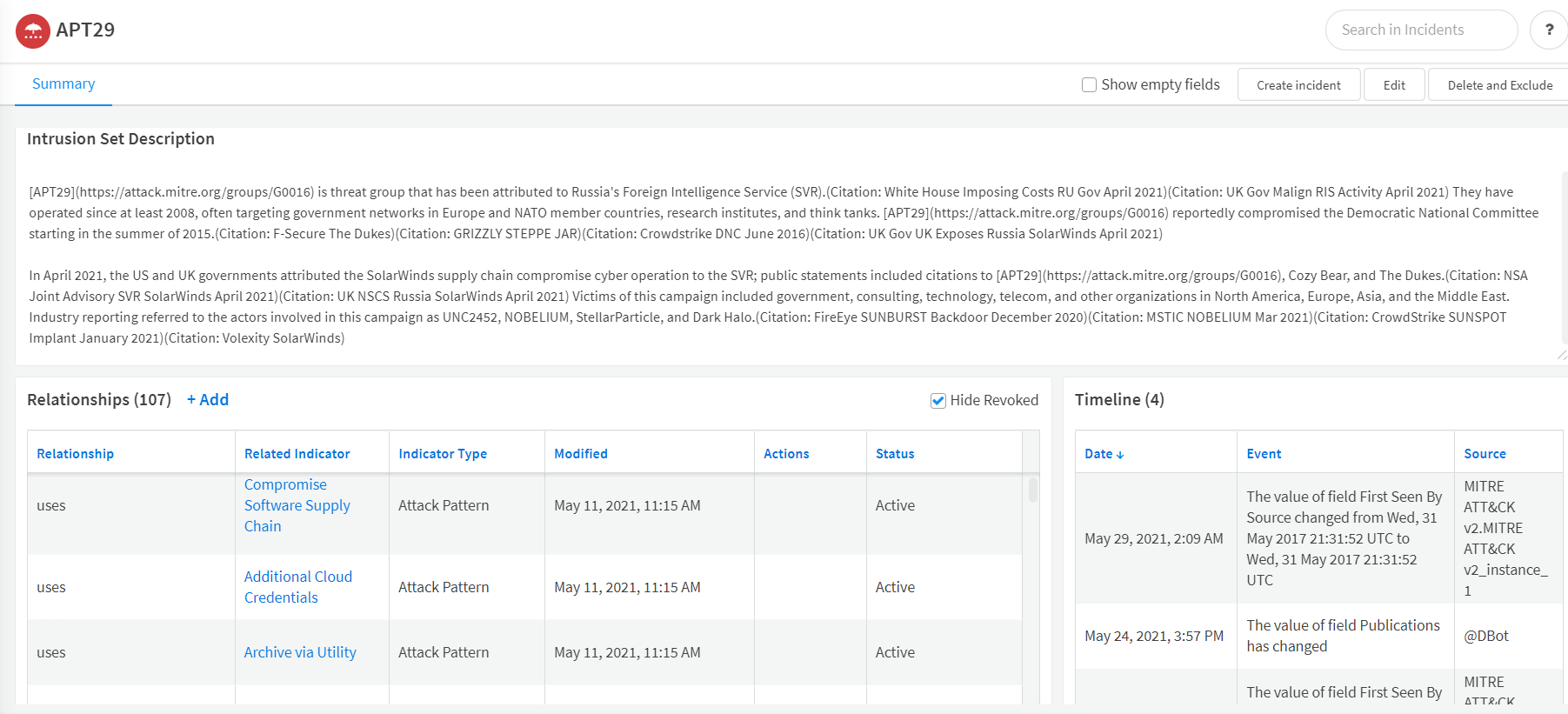 APT29 details with indicator relationships and timeline as seen from the threat intel management module of Cortex XSOAR.