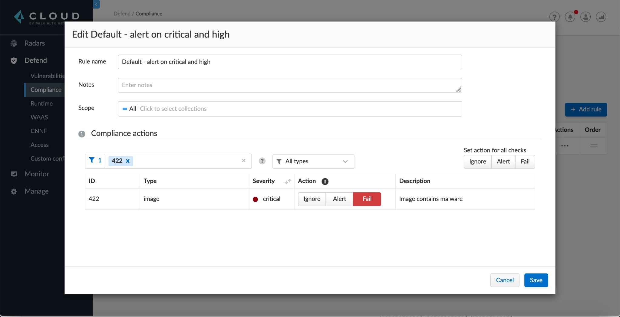 Continuous integration rules for malware detected