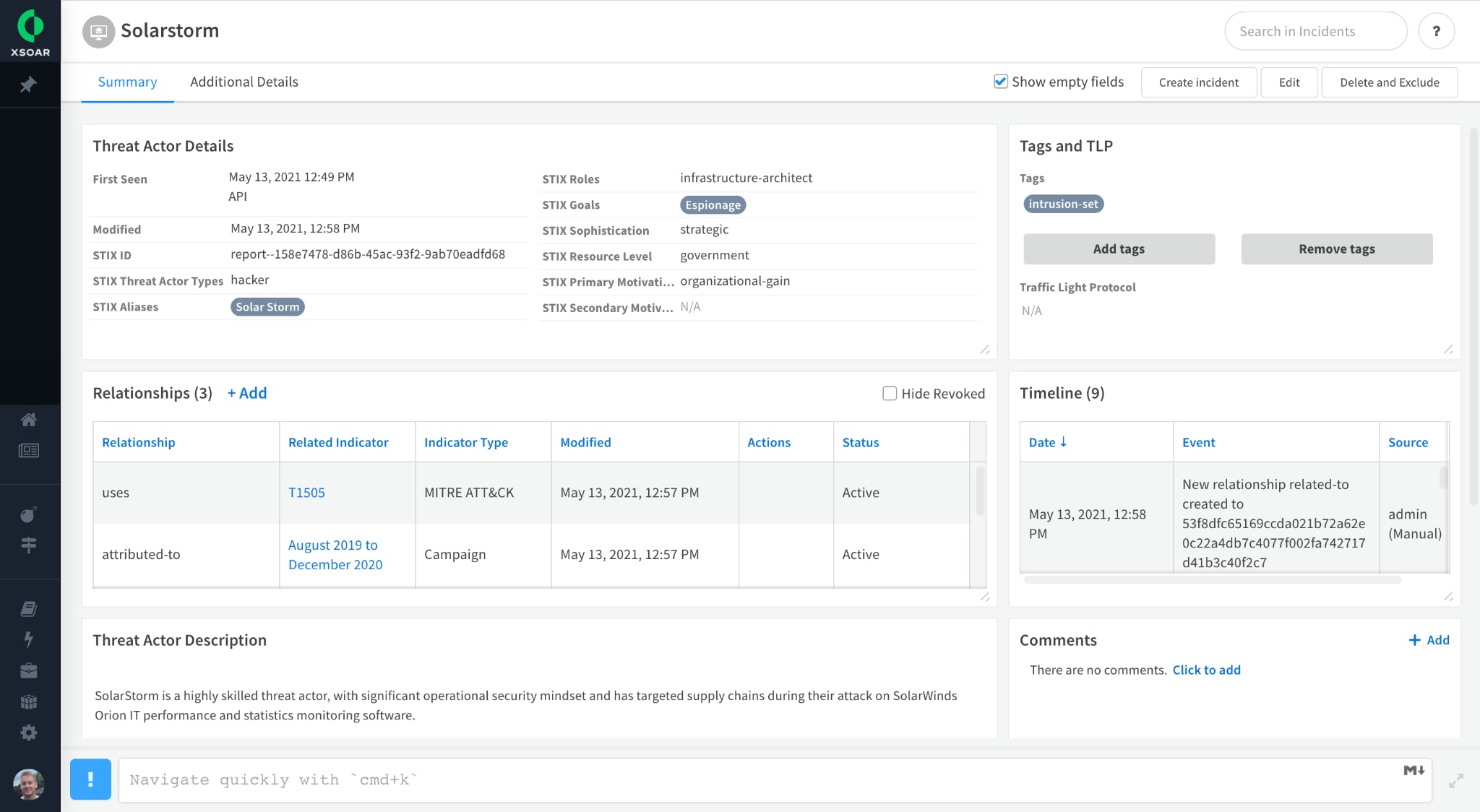 SolarStorm screenshot of threat actor details, relationships and threat actor descriptions.