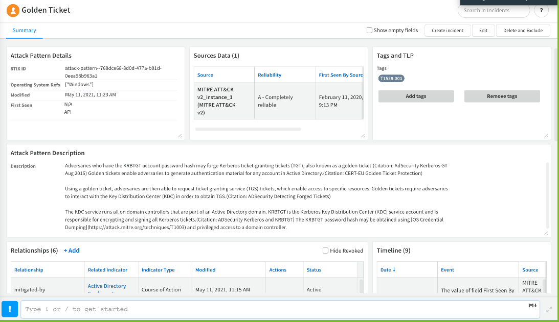 Golden Ticket screenshot showing the summary of attack pattern details and descriptions.