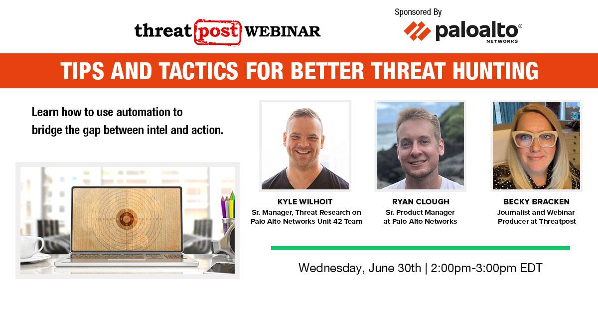 Threat post webinar flyer. Learn tips and tactics for better threat hunting.