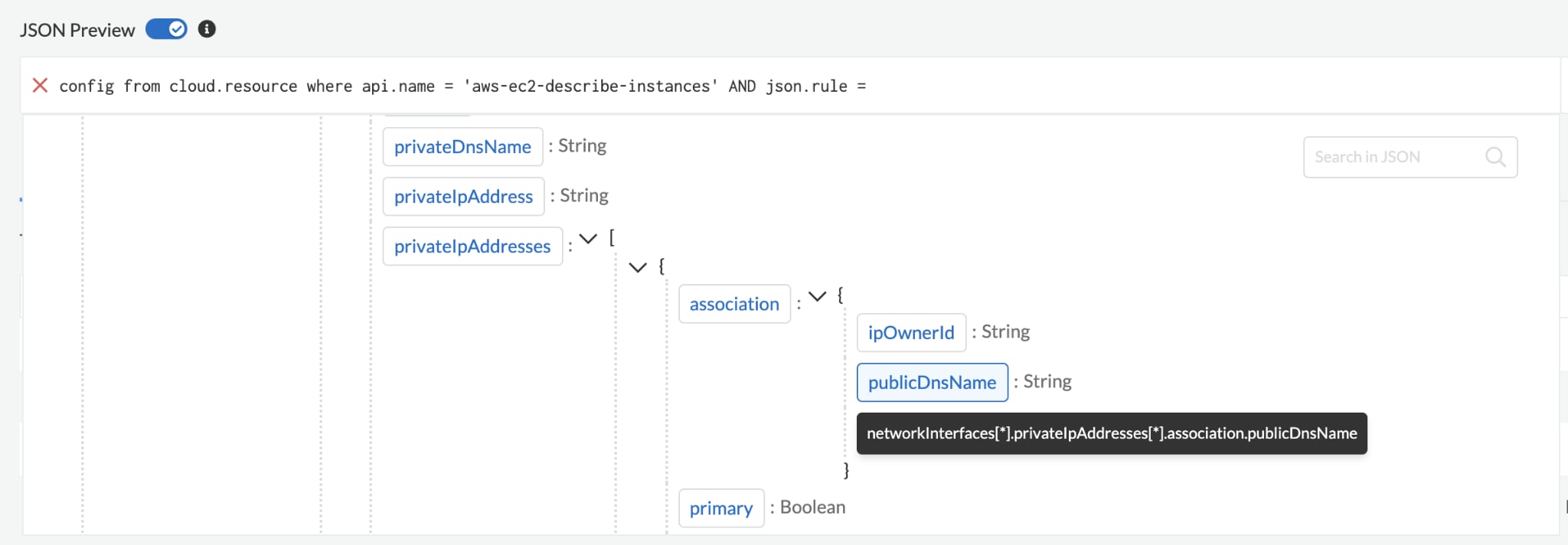 Hovering over an attribute will show a preview of the JSON path that will be appended to the RQL query.