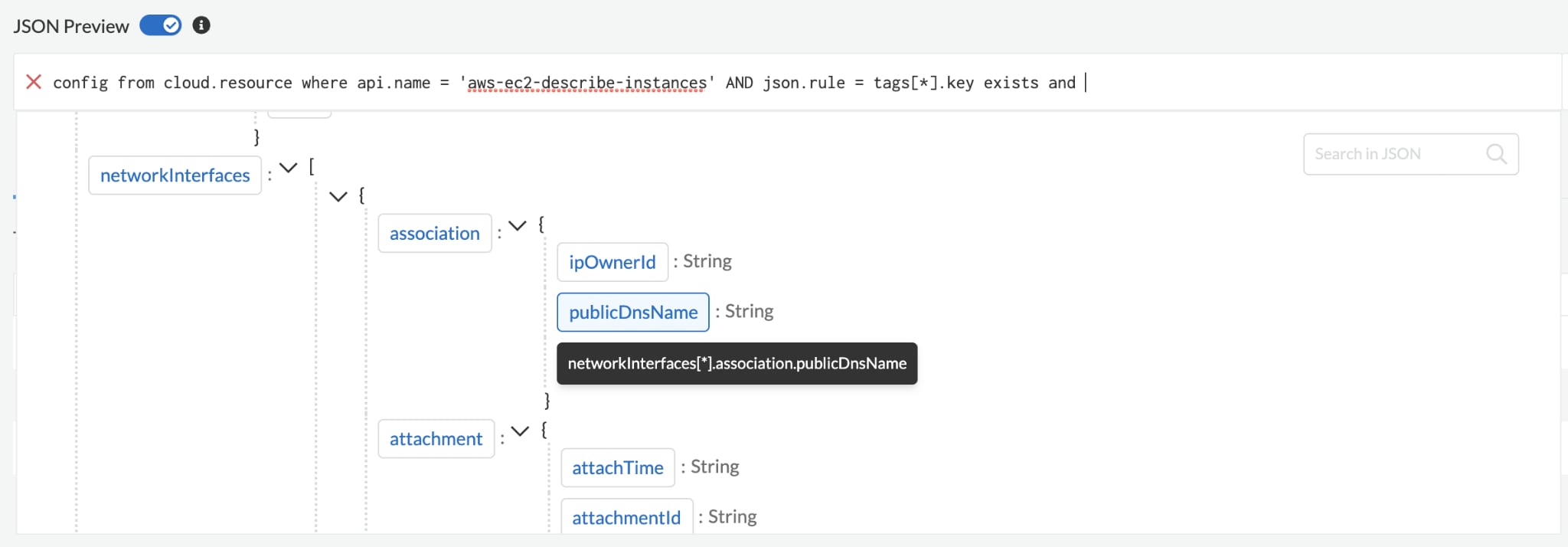 In general, the JSON Preview will automatically display whenever a JSON path is needed next in the RQL query.