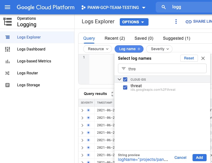 Google cloud platform screenshot, logs explorer 