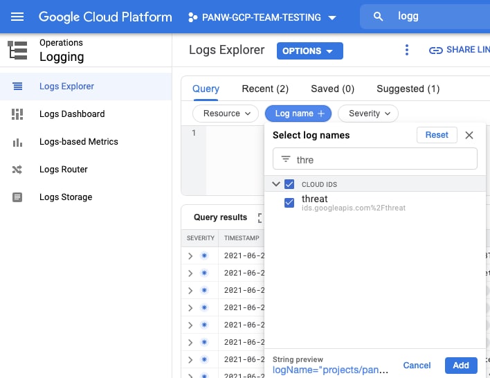 Google cloud platform screenshot, logs explorer