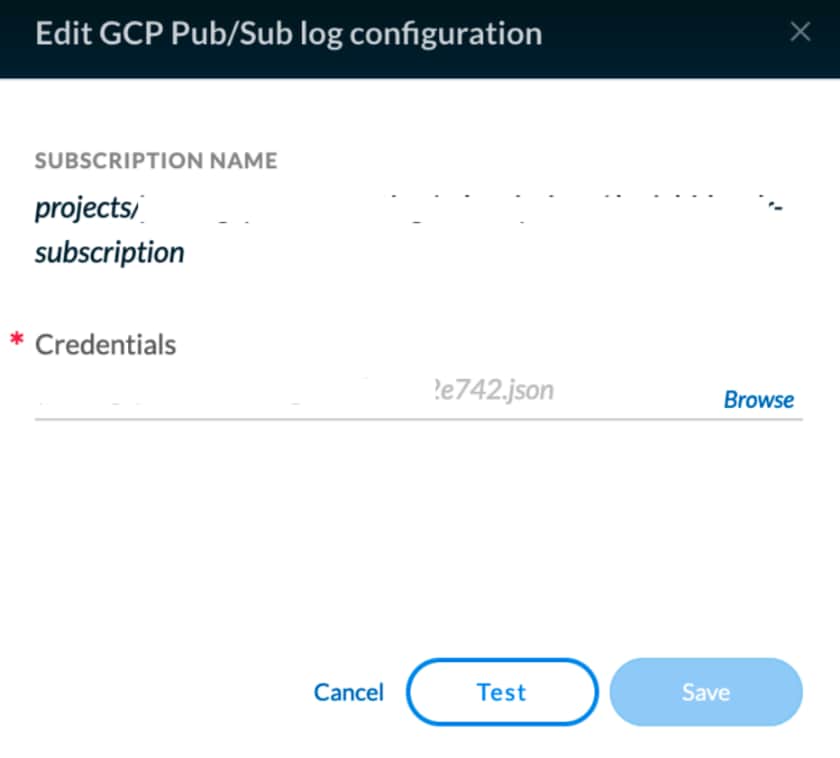 Edit GCP Pub/Sub Log configuration screen shot 
