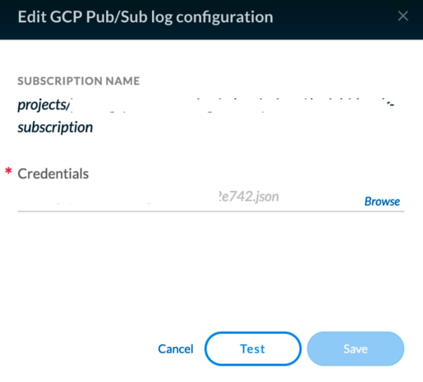 Edit GCP Pub/Sub Log configuration screen shot