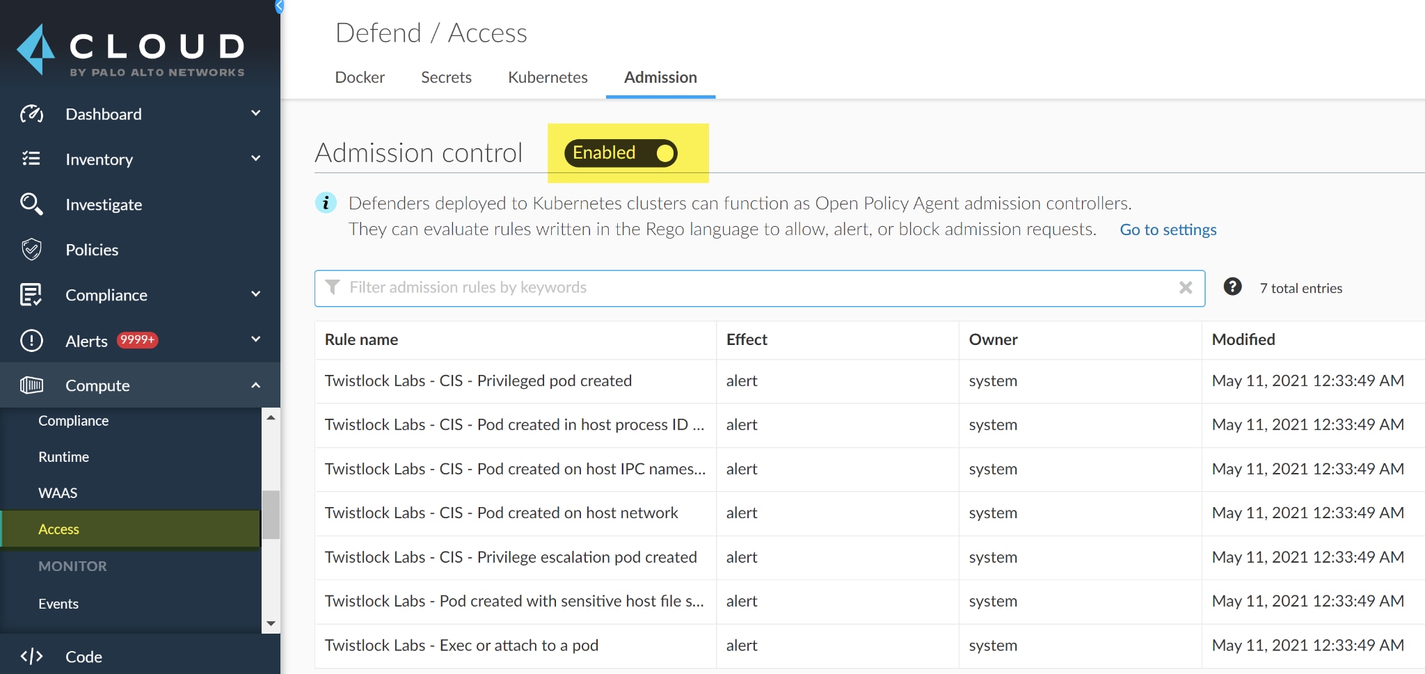 Enable admission control in Prisma Cloud Compute