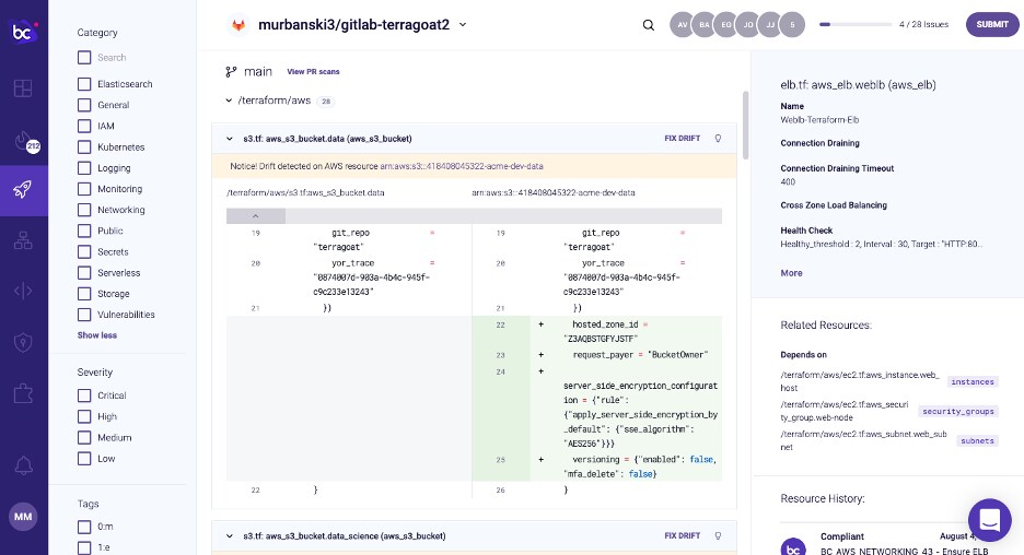 Bridgecrew Projects page showing Drift Detection