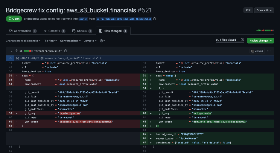 Diff view of a Bridgecrew Fix Drift generated pull request in GitHub 