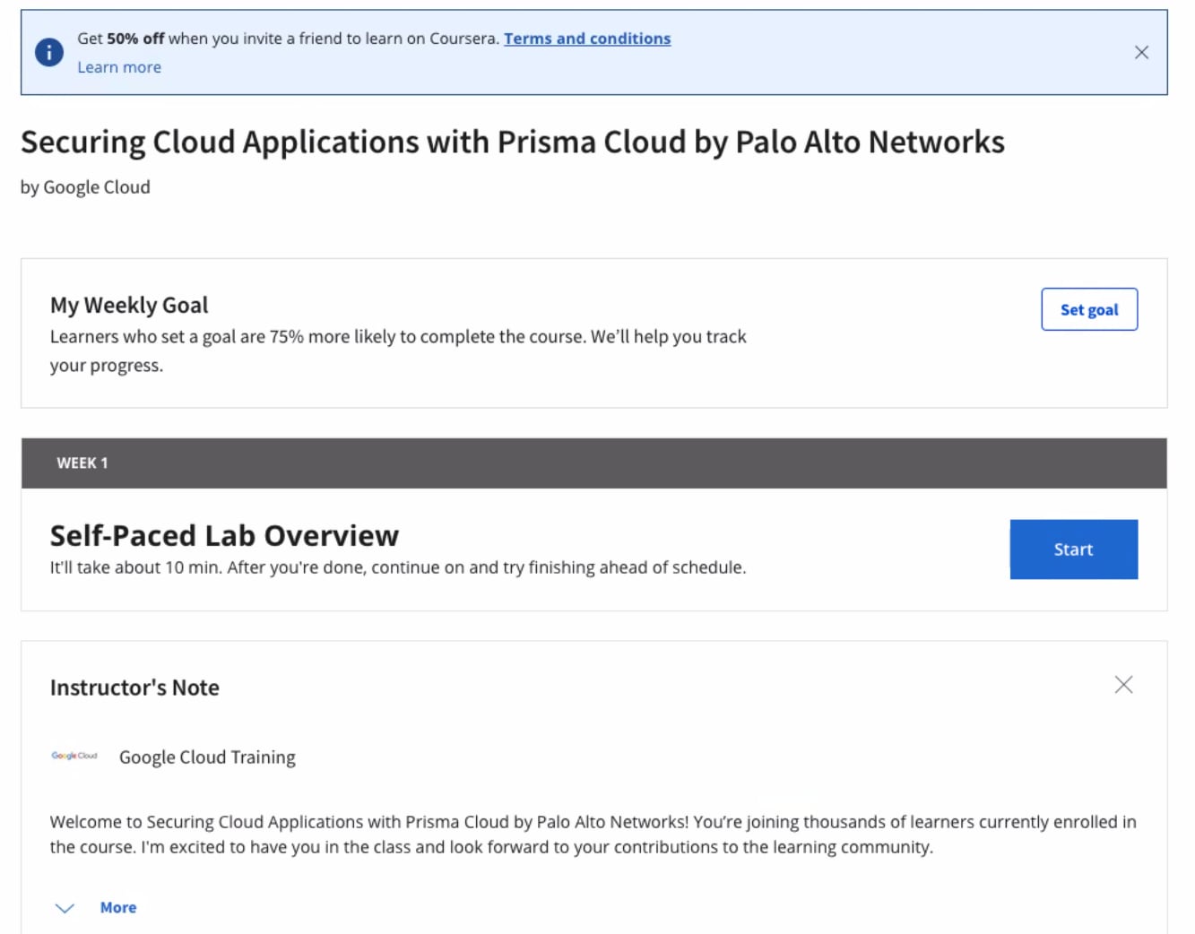 Once you log into Coursera, select the Prisma Cloud course and start your journey