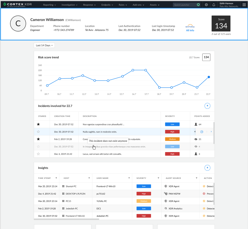 Screenshot showing the third generation Cortex XDR chart of risk score trends and incidents.