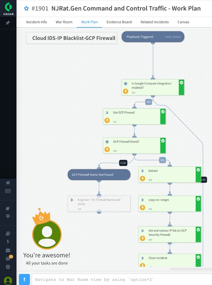 View of the automated Google Cloud IDS response playbook in action