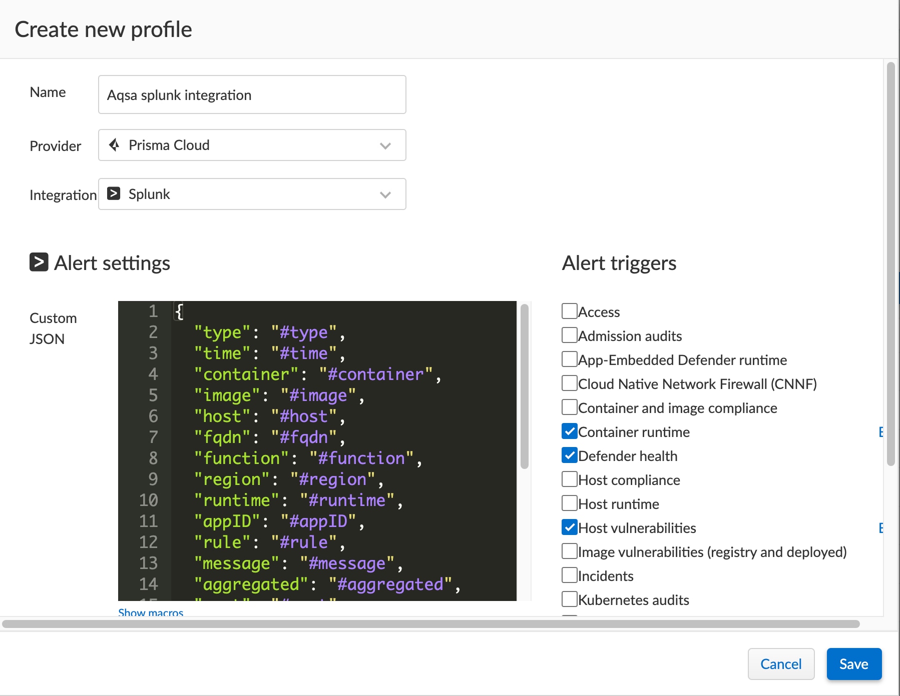 Prisma Cloud alert configuration UI