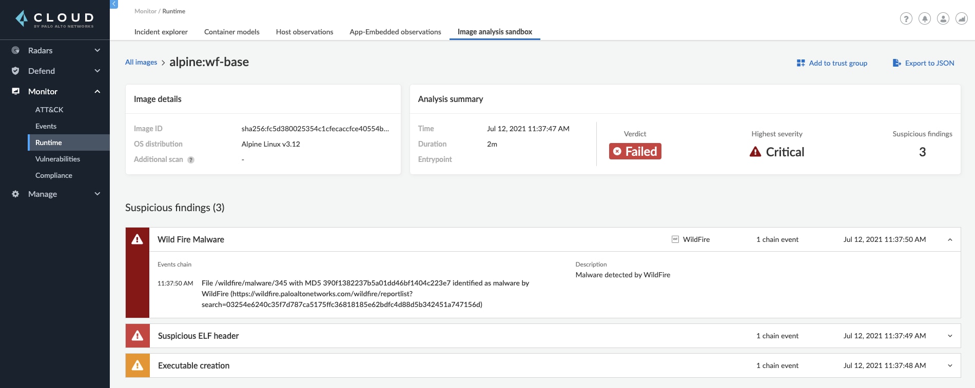 Detailed view of analysis for container image alpine:wf-base