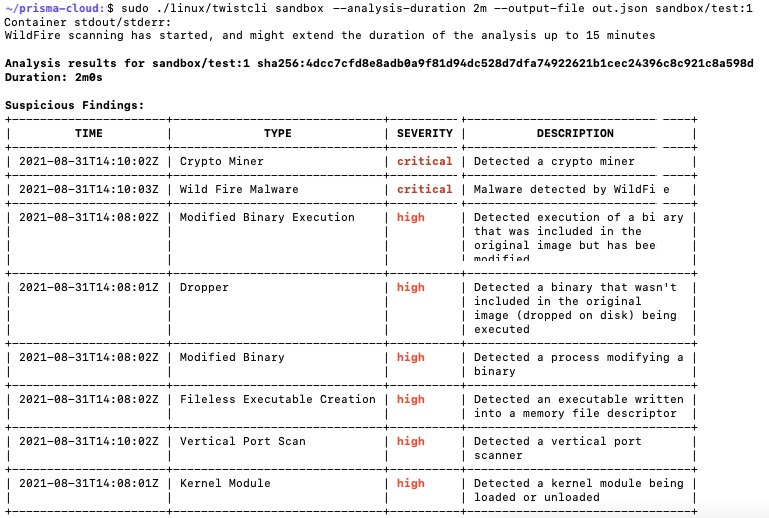 Command line output of analysis results