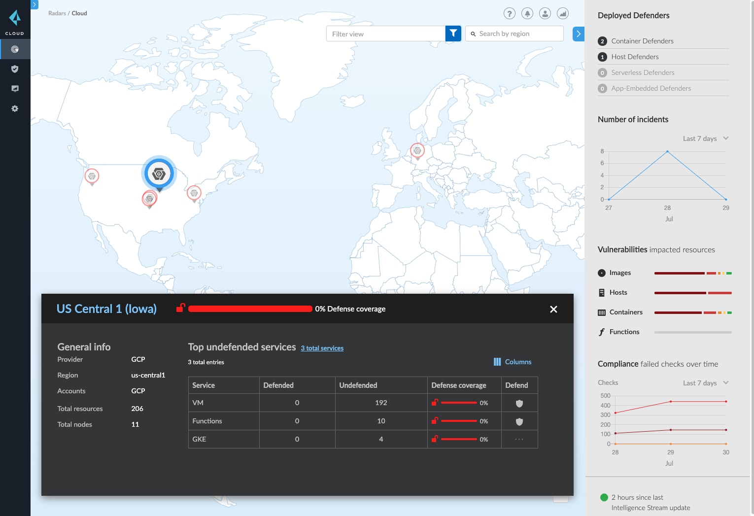 Screenshot of map showing deployed defenders used with Prisma Cloud.