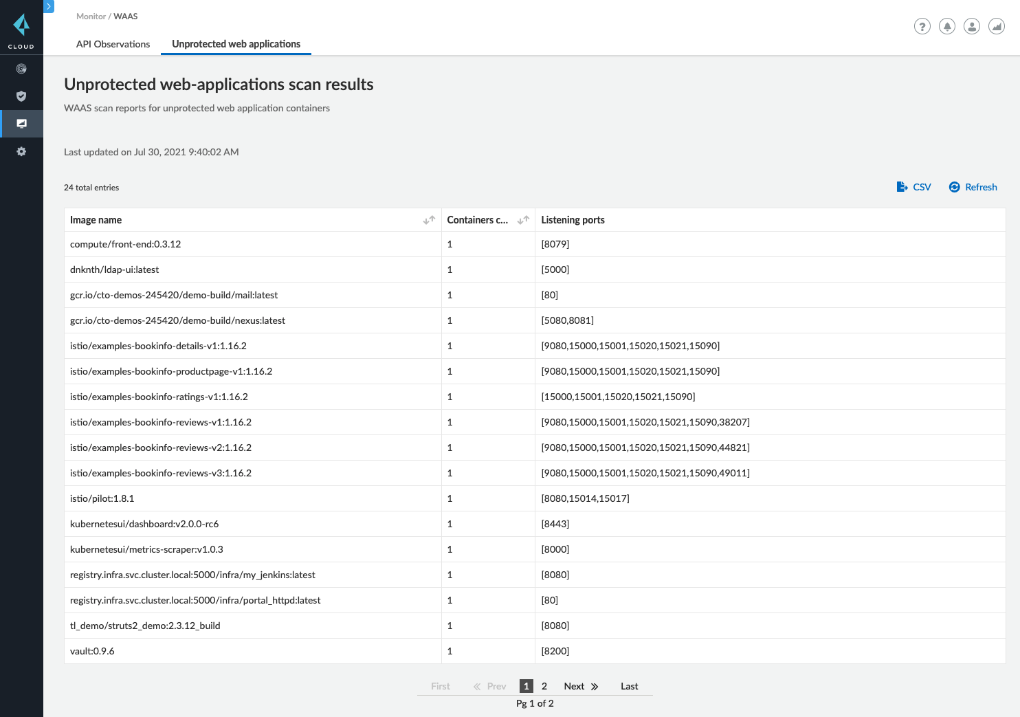 Screenshot of unprotected web applications scan results on the Prisma Cloud survey.