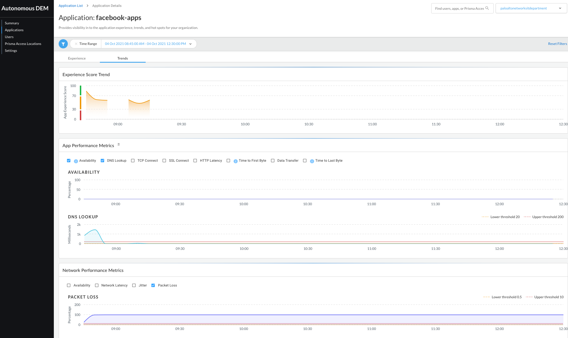 Palo Alto Networks ADEM provides instant visibility into Facebook availability issues.