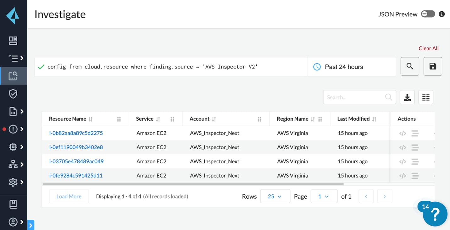 Figure 2. Amazon Inspector assessments in Prisma Cloud Console