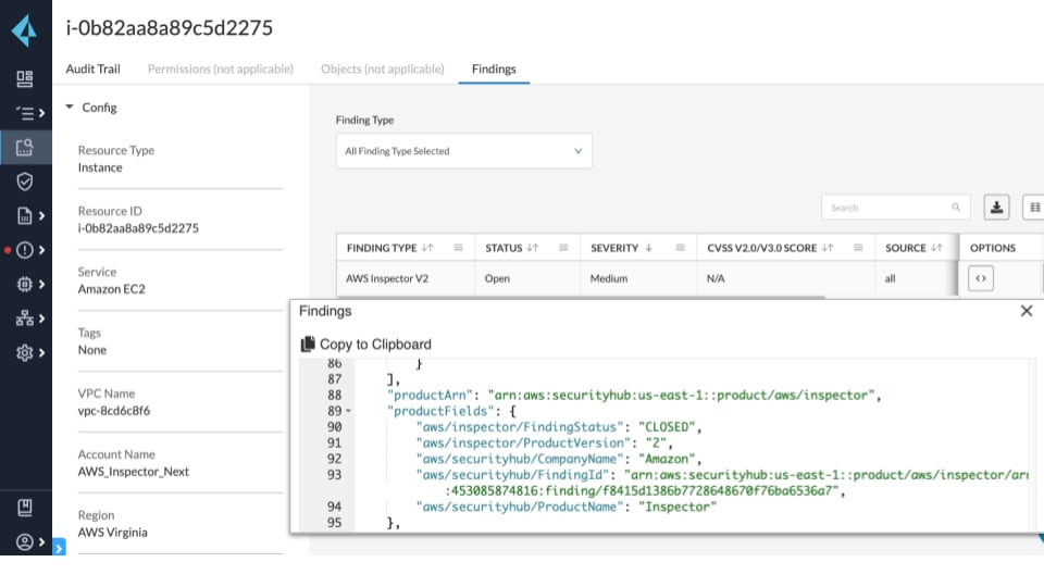 Figure 3.  Investigate Amazon Inspector findings with our Prisma Cloud Resource Explorer