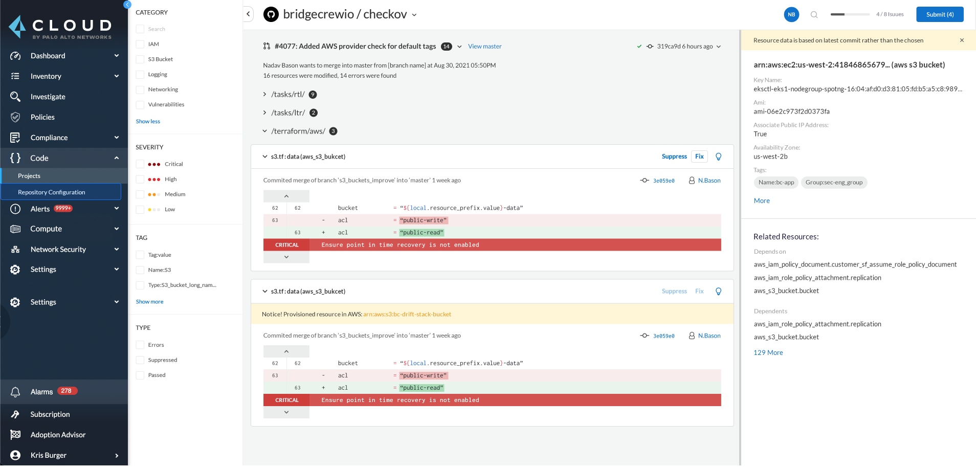 Cloud dashboard tools showing inventory and network security options with Bridgecrew integration.