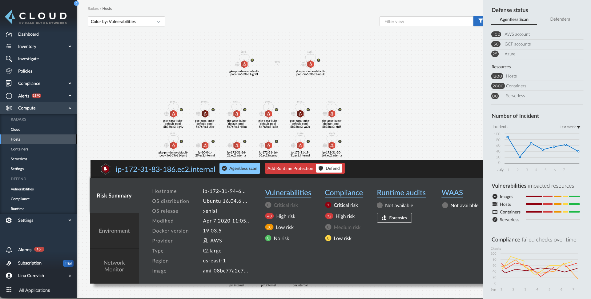 Screenshot of Prisma Cloud risk summary.