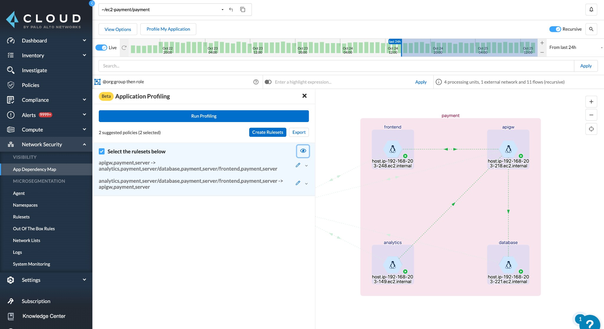 Prisma Cloud screenshot of mapping AppDependency showing frontend, dependencies, and database.