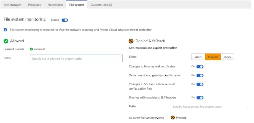 Figure 6. File system monitoring enabled from the Defend > Runtime > Container policy UI