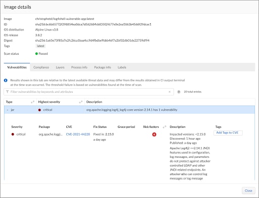 Figure 2. CVE-2021-44228 detected in Prisma Cloud