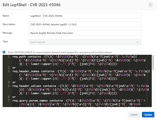 Figure 8. Custom WAAS Rule for CVE-2021-44228 and CVE-2021-45046