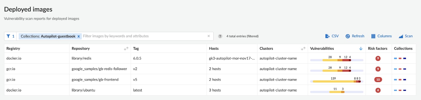 Filtered Autopilot collection of image vulnerability scan results