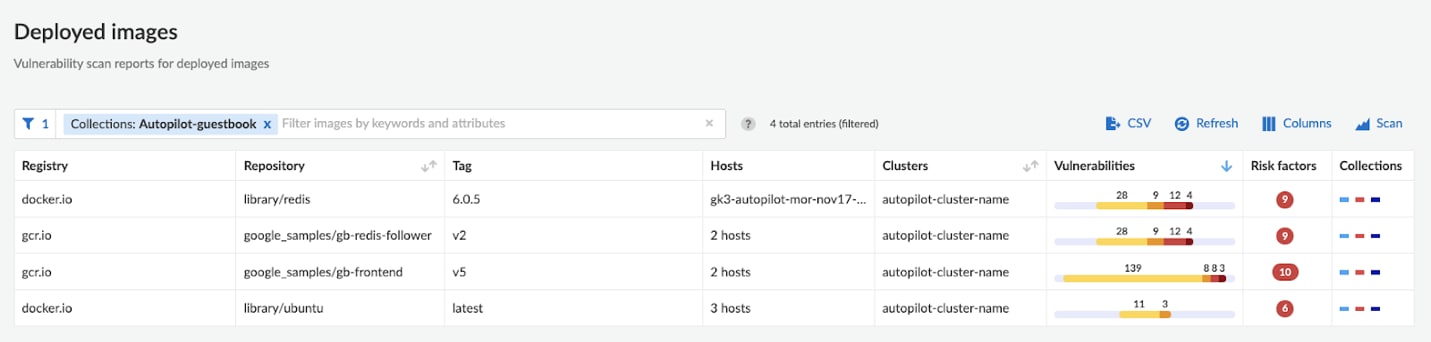 Figure 3. Filtered Autopilot collection of image vulnerability scan results 