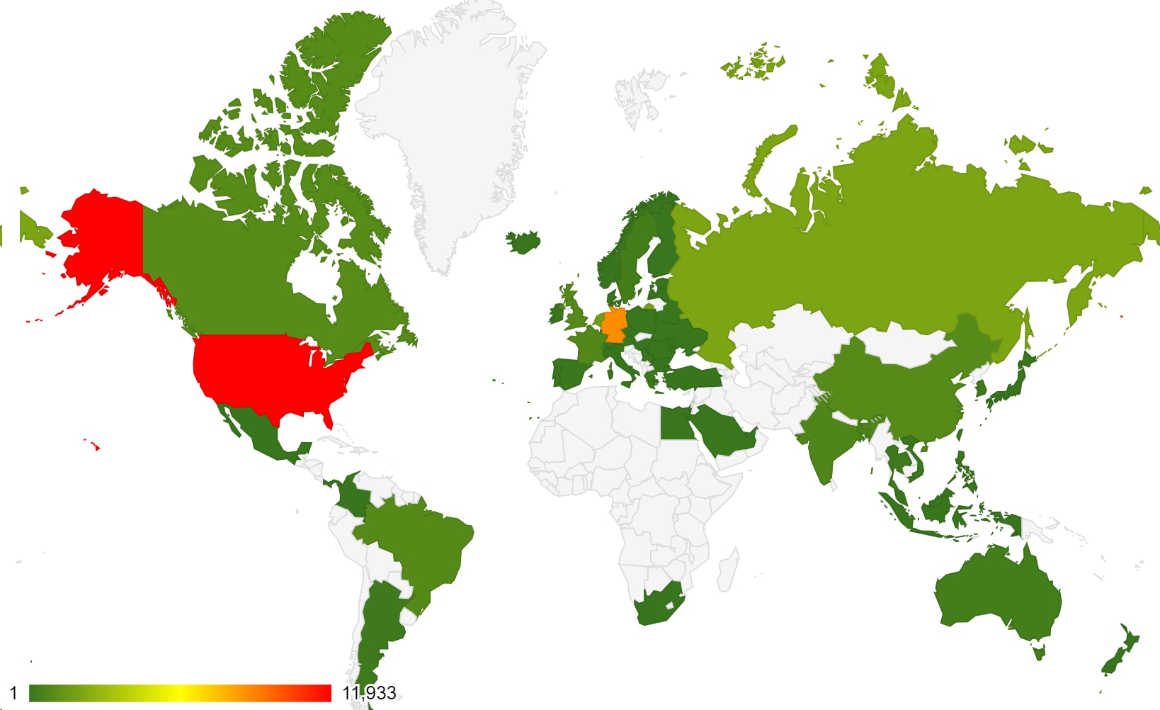 Figure 2. World heatmap of source IP addresses.