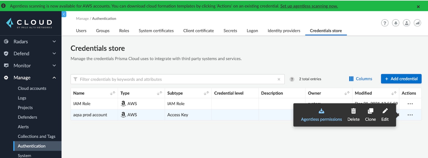 Agentless scanning setup in Prisma Cloud 