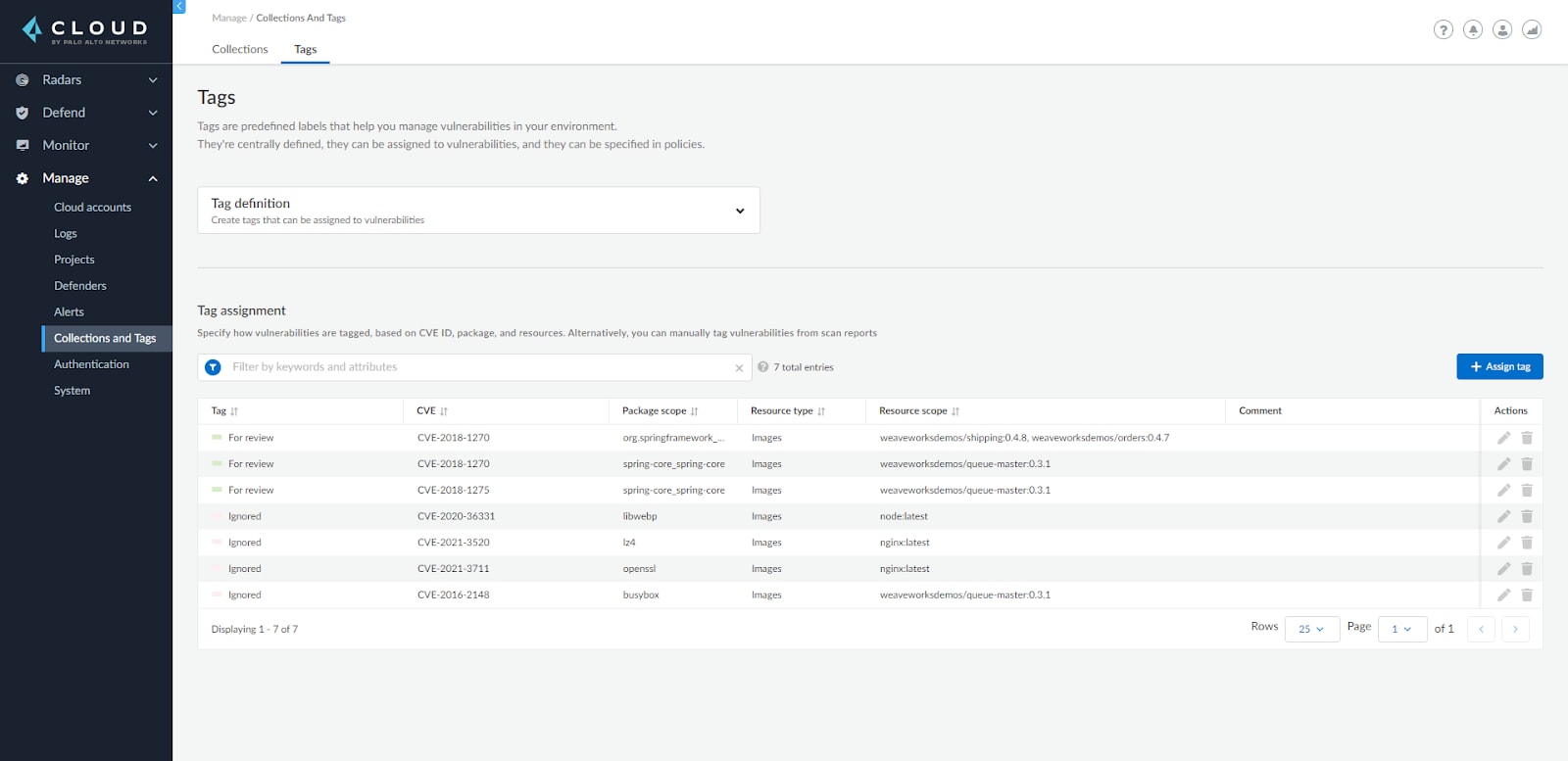 Management of Tags for Vulnerabilities