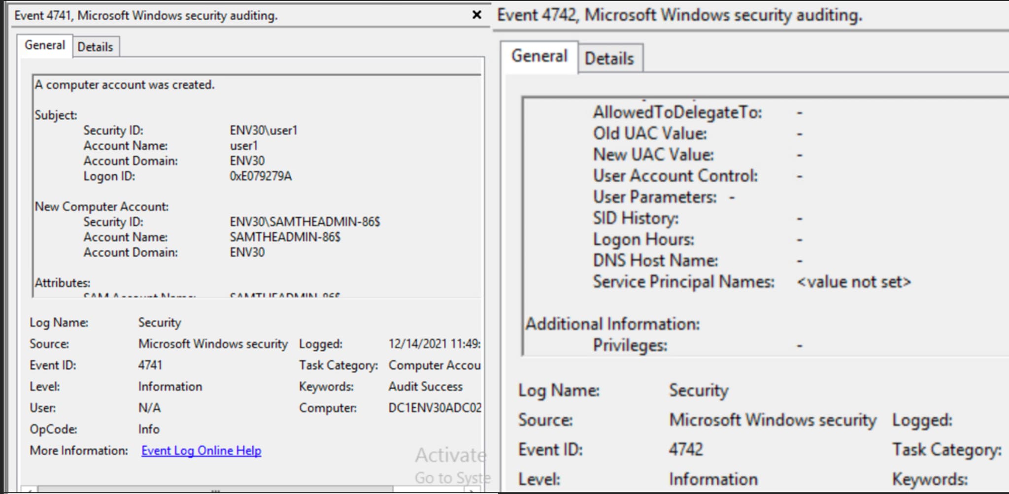 Figure 10. Event viewer - Machine account creation (4741), SPNs cleared (4742)