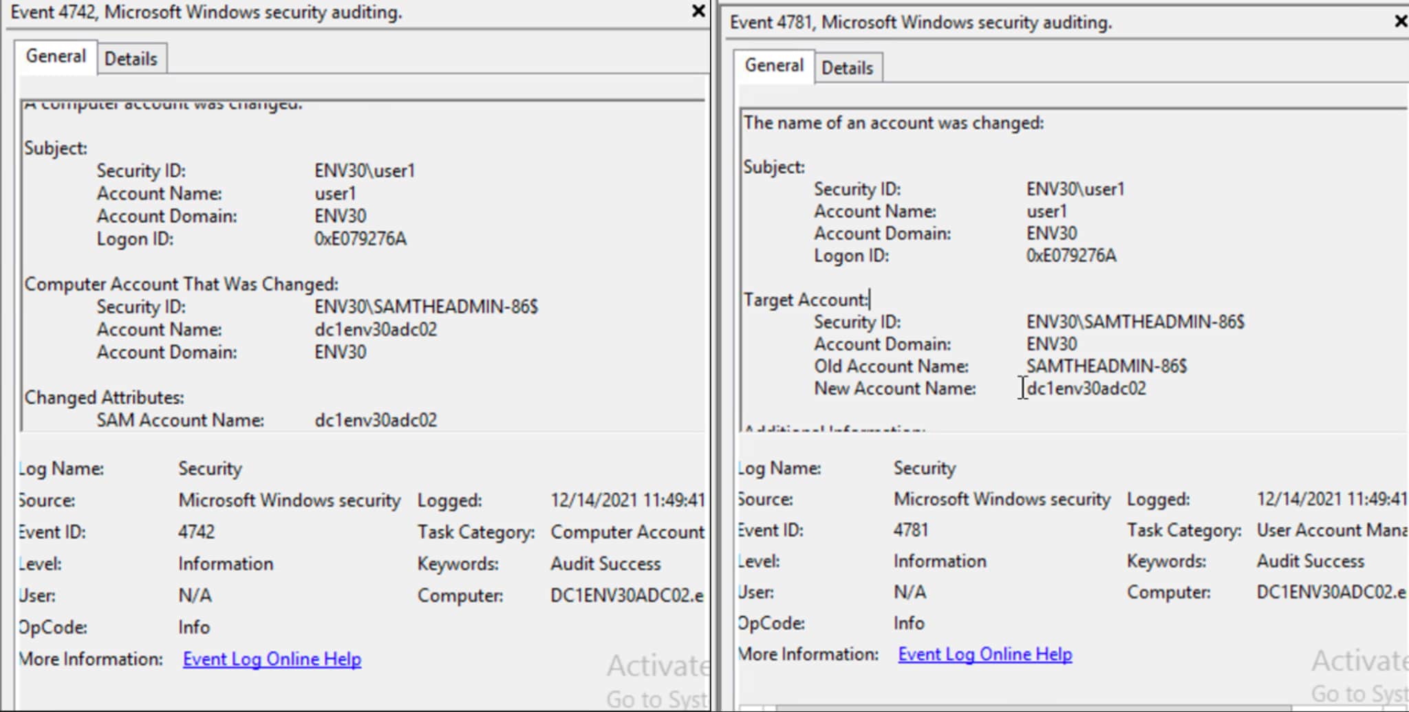 Figure 11. Event viewer - 4742 and 4781 from renaming the machine account