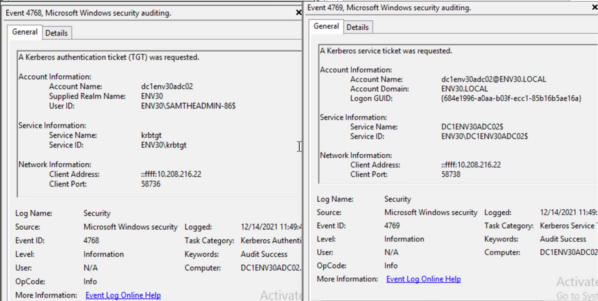 Figure 12. Events 4768 and 4769 from TGT and ST requests