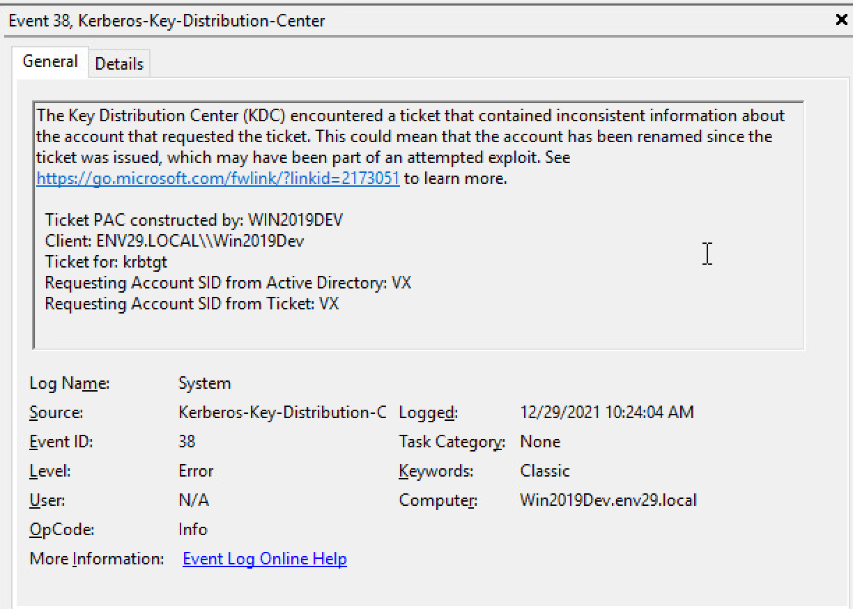 Figure 14. Requestor mismatch after patching DC and attempting to exploit