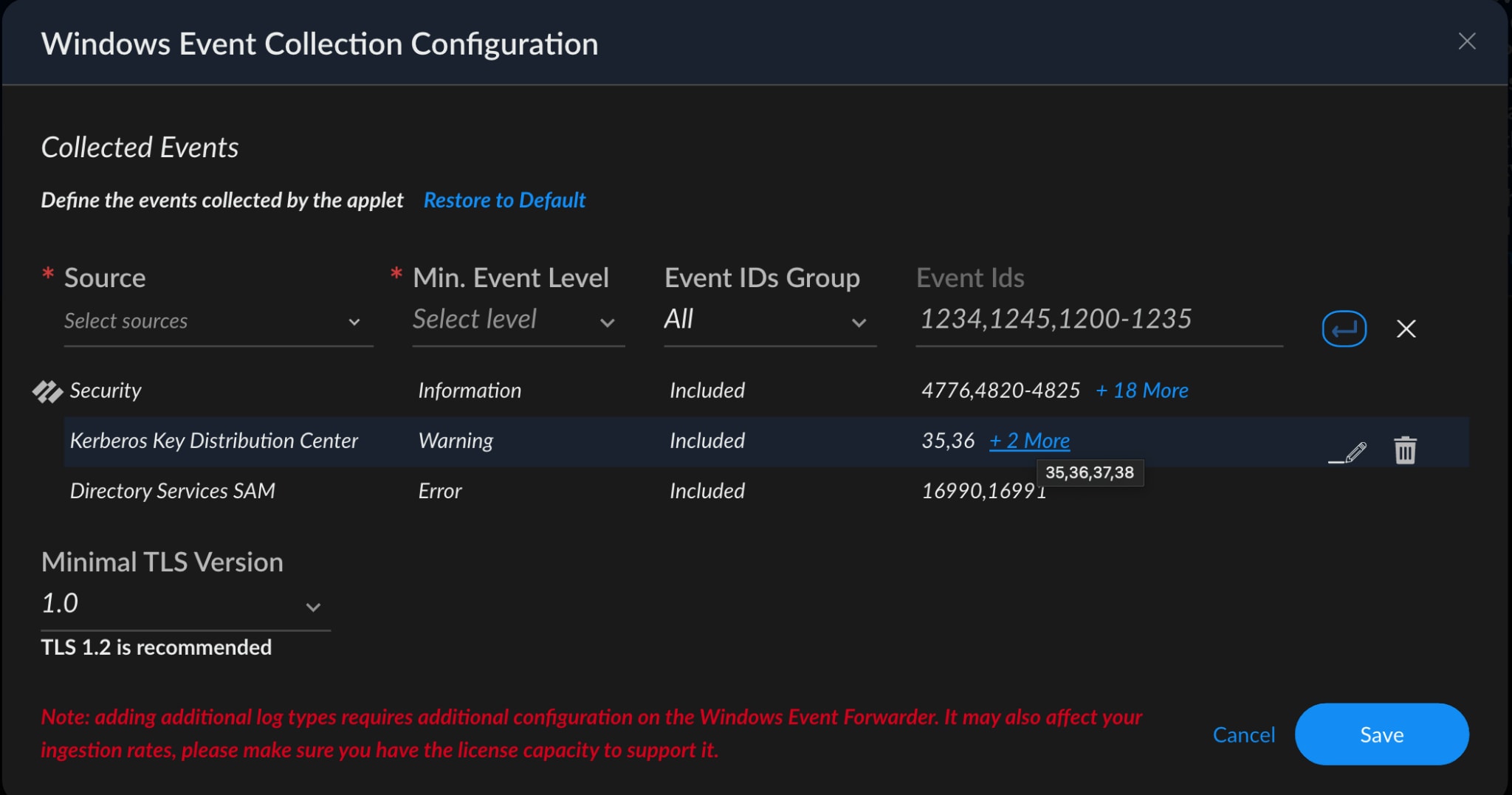 Figure 15. Windows event collection configuration