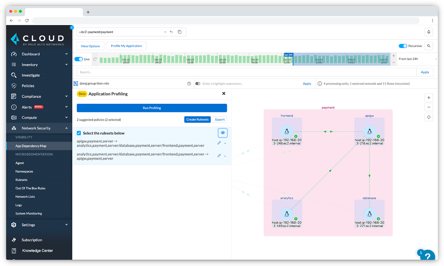 Prisma Cloud visualizes flow mapping between workloads and recommends least privilege connectivity