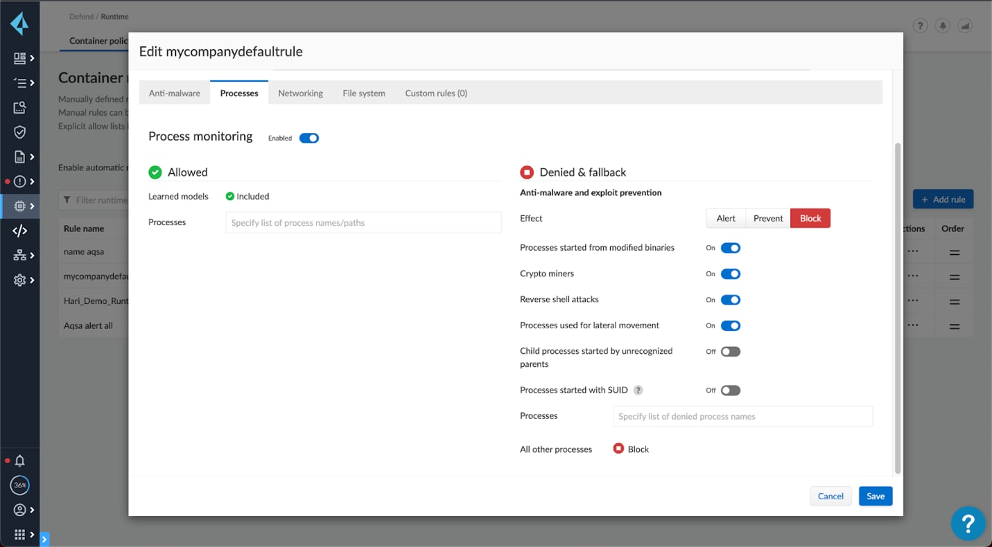 Settings to block malicious processes and modifications