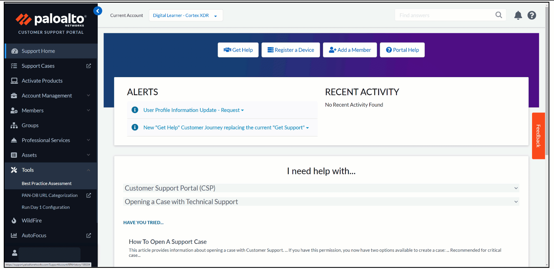 Customer support portal screen shot showing alerts and recent activity.