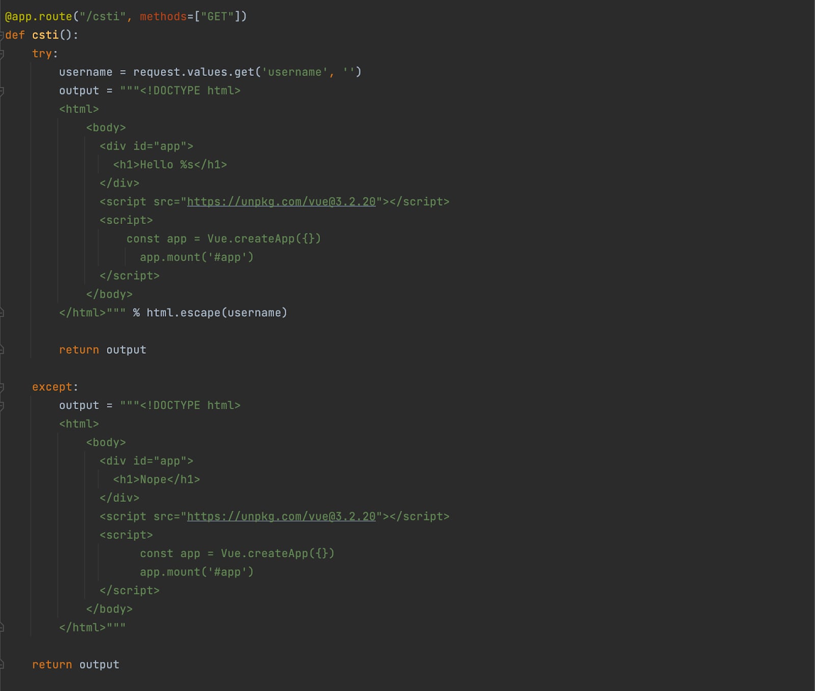 Figure 1. CSTI vulnerable application snippet