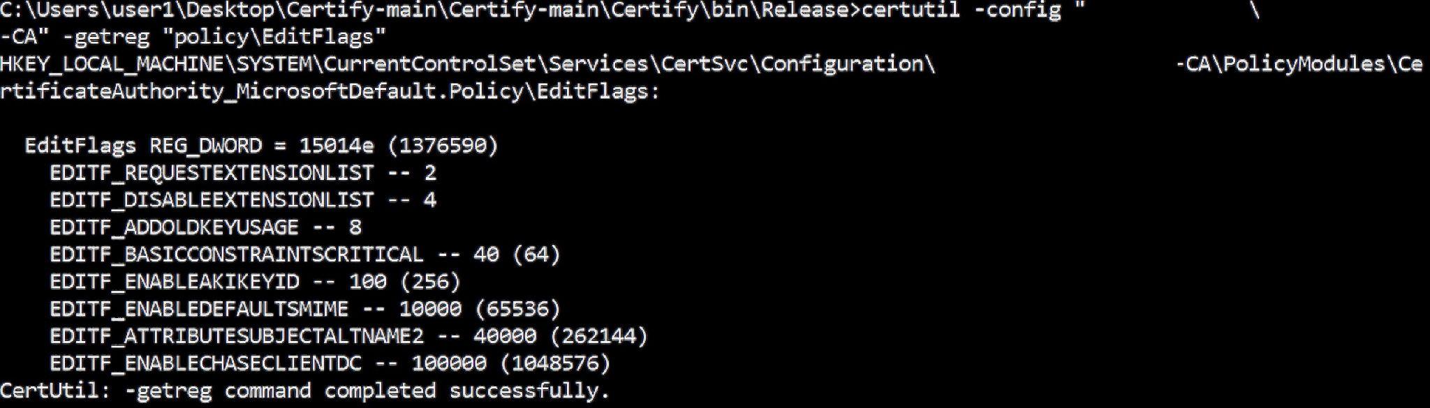 Checking the EDITF_ATTRIBUTESUBJECTALTNAME2 CA policy edit flag value with certutil